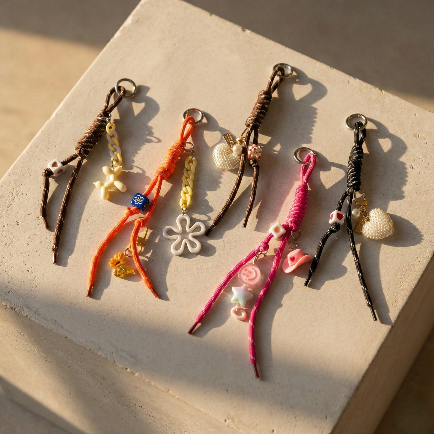 Pebble Studio Urban Essentials koleksiyonu lansman görseli. Siyah, kahverengi ve inci detaylı el yapımı çanta süsü, çanta charmı ve telefon ipi modellerinin toplu görünümü. Şehirli, modern ve estetik aksesuar tasarımları.