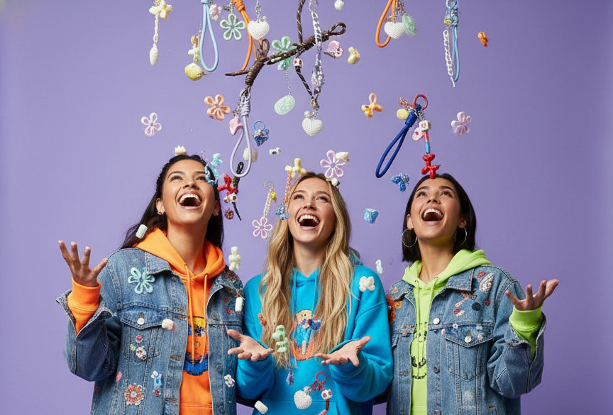 Pebble Studio lansman görseli. Gökyüzünden yağan renkli, el yapımı çanta charm ve aksesuarlarını yakalayan, enerjik ve mutlu genç kadınlar. Şehirli moda ve çanta süsü trendleri.