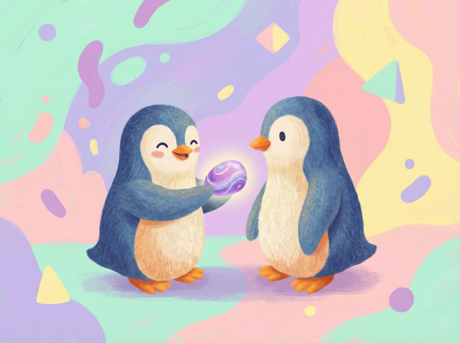 Pebble Studio marka hikayesini anlatan, birbirine çakıl taşı (pebble) hediye eden sevimli penguen illüstrasyonu.